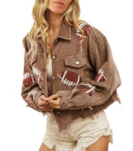 ELLENWELL Womens Cropped Corduroy Jacket Vintage Patched Football Sequin Shacket Jacket