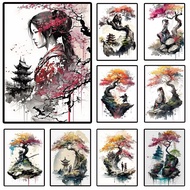 Seni dinding lanskap Jepun, pokok sakura, potret perempuan berpakaian kimono, sesuai untuk hiasan bi