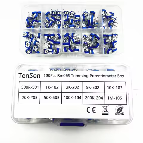 100Pcs/Box RM065 Carbon Film Horizontal Trimpot Potentiometer Assortment Kit 10 Values Variable Resi