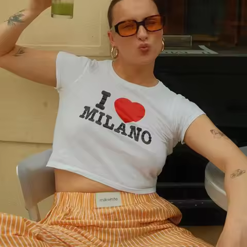 I Love Milano Print Y2k Aesthetic Gothic Harajuku Vintage Crop Tops Short Sleeve T-shirts Summer Wom