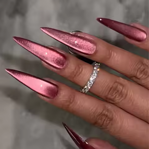 24pcs Simple Cat's Eye Full Cover Nail Rose Red Long Almond Press on False Nails with Jelly Glue Det