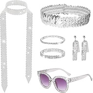 Pack of 7 1970s Disco Accessories, Glitter Hair Bands Earrings Scarf Rhinestone Sunglasses Bracelet 