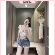 Fashion Women's Puff Sleeve V Neck Shrug Crop Top - Women Women Top