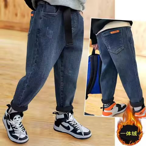 2024 High Quality Thick Warm Winter Jean Thicken Winter Warm Cashmere Jeans Boys Kids Trousers Child