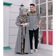 gamis batik kombinasi polos terbaru 2022 modern couple baju muslim - abu-abu xl