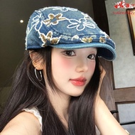 VALENTINE1 Denim Forward Cap, Cloth Y2k Embroidery Flower Forward Hat, Retro Ethnic Style Visor Wash