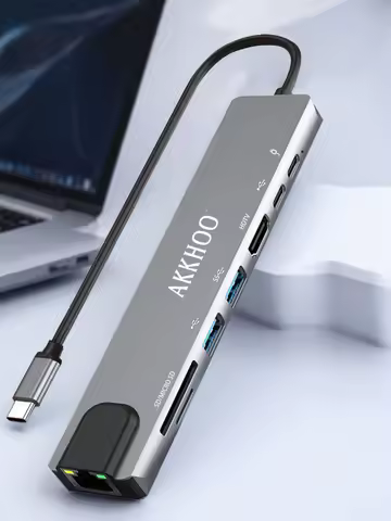 AKKHOO USB-C 4K HDTV 5Gbps Mini laptop docking station (1.27x0.55in ) ,PD100W Fast Charging, 8 in 1,