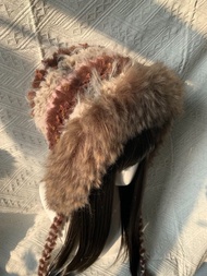 粉紅與棕色毛絨鉤織連帽圍巾 可愛手作連帽圍巾 打造溫暖冬日造型