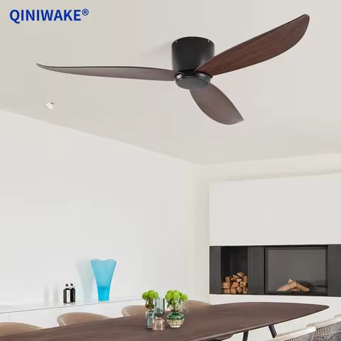 QINIWAKE 46/52 inch Flush Mount DC Fan 3 Plastic Blades 6-Speed Remote Low Noise Reversible Ceiling