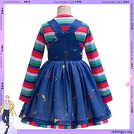 Horror Movie Chucky Doll Cosplay Costume For Kids Striped Top+Print Suspender Dress For Little Girl 