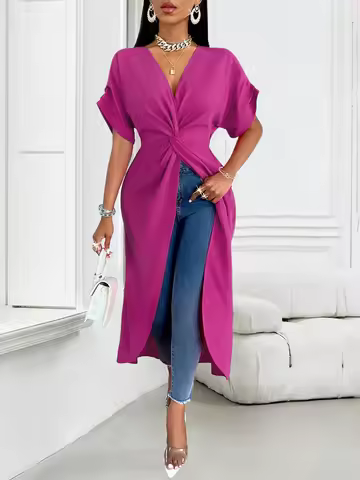 Women Fashion Twist Neck Blouse Chiffon Loose Fit Top Glamorous Blouse Valentine Spring Summer Denim