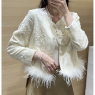 Golden Velvet Sequin Embroidered Jacket Feather Decoration