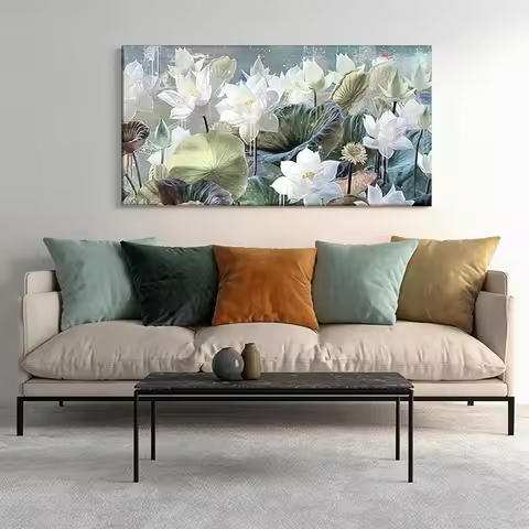 1pcwooden frame canvas decorative painting White lotus flowers, lush green leaves.Corridor, Living R