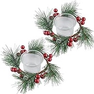 GORGECRAFT 2 Set 15cm Christmas Wreath Candle Holders Artificial Red Berry Pine Needles Christmas Tealight Candle Holder with Glass Centerpiece Cups Green Garlands Ring for Party Table Decor Xmas Gift