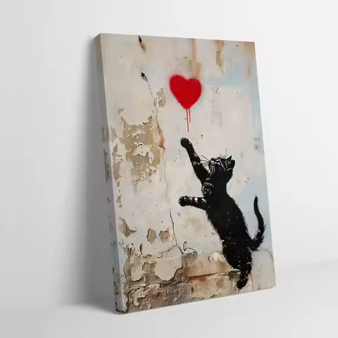 Cat Heart Banksy Inspired Poster Customizable Printed Canvas Painting for Pictures Wall Art Gamer De