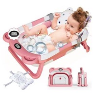 嬰兒洗澡盆 感溫浴盆 可坐可躺 小孩家用寶寶沖涼盆 可摺疊幼兒新生兒沐浴桶 可摺疊嬰兒浴盆 帶溫度顯示屏和防滑墊 多功能易排水浴盆 適用於0至36個月新生兒 BB沖涼用品（粉紅色）