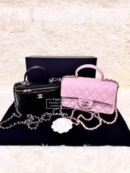 Chanel 櫻花粉20cm mini handle & 黑色handle長盒子 Sakura pink 20cm mini handle bag black long vanity case 手袋包