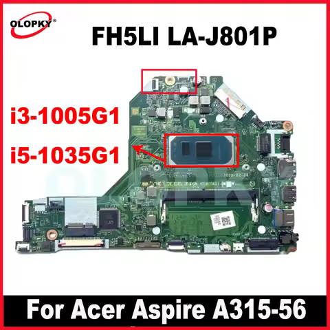 FH5LI LA-J801P motherboard for Acer Aspire A315-56 laptop motherboard with i3-1005G1 i5-1035G1 CPU 4