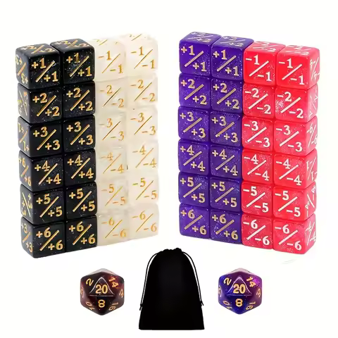50pcs MTG Counter Dice Set - 12mm 6-Sided +1/-1 Tokens Dice & 2 D20 Dice (Includes Drawstring Bag)