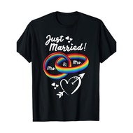 Pride "Just Married" T-Shirt - Black With Rainbow Infinity Symbol "Mrs. & Mrs." Text Hearts & Arrow 