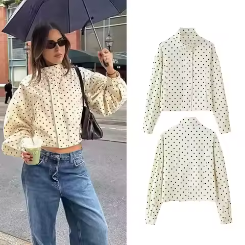Women's Autumn New Item Stand Up Collar Polka Dot Short Jacket Fashionable Casual Zipper Pocket Long