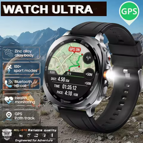 New GPS SmartWatch Ultra 2025 Compass 3ATM Waterproof Tactics Sport Flashlight Bluetooth call Milita