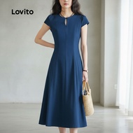 Lovito Dress Elegan Garisan Lip Pleat Butang Musim Bunga/Panas Navy Blue untuk Wanita L138ED333
