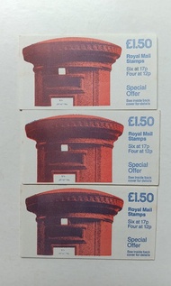 英國［郵筒］封面郵票小本票3本，內含12便士郵票4枚及17便士郵票6枚及17便士郵票6枚，新票有黃