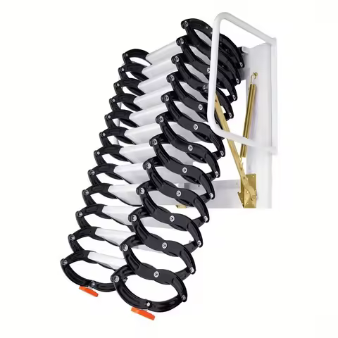 10.17ft 882lb Black Wall-Mounted Attic Ladder: 12-Step Folding Loft Stairs for Heavy-Duty Use