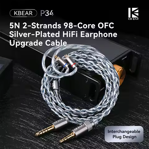 KBEAR P34 2-Strands 98-Core OFC Silver-Plated Interchangeable Plug Design 3.5/4.4mm Removable Headph