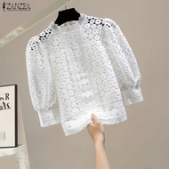 Esolo ZANZEA เสื้อสำนักงานผู้หญิงคอกลมแขน3/4เสื้อลูกไม้ปะต่อ #0901