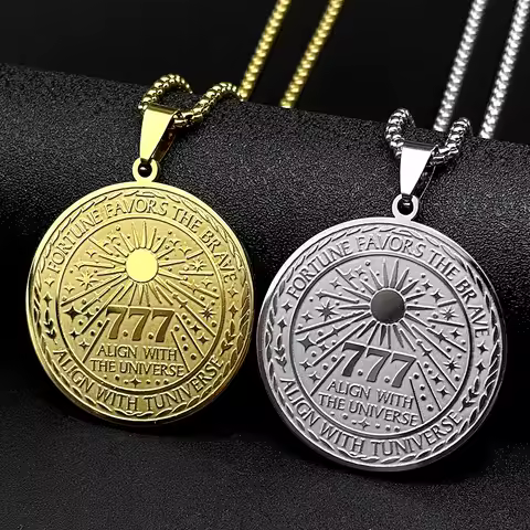 777 Angel Number Fortune Favors The Brave Round Medal Pendant Necklace Stainless Steel Gold Color Sp