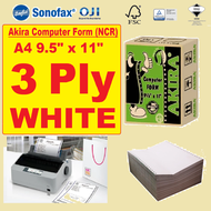 Sonoform AKIRA A4 9.5" x 11" 3 Ply White Computer Form for Dot Matrix Printer (Epson Panasonic Tally