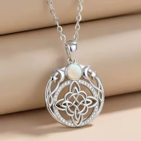 Thai Silver Triple Moon Goddess Witch Knot Necklaces Opal Zircons Sun Star Witchcraft Pendant Witch 