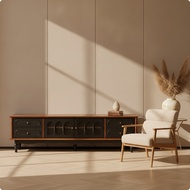 Solid Wood TV Cabinet Striped TV Stand Retro Media Console Sturdy for Living Room