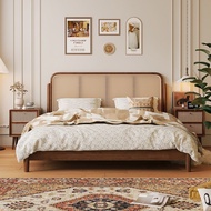 Retro Chinese Style Solid Wood Rattan Bed 1.5m Double Bed 1.8m Household Small Apartment 1.2m Single