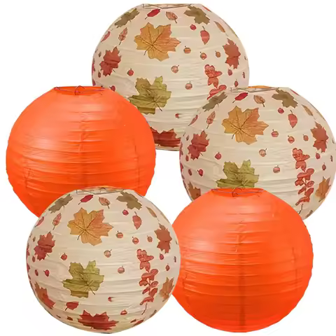 5-Piece Set of Autumn Maple Leaf Paper Lantern Party Supplies, Hanging Red-Orange Maple Leaf Paper L