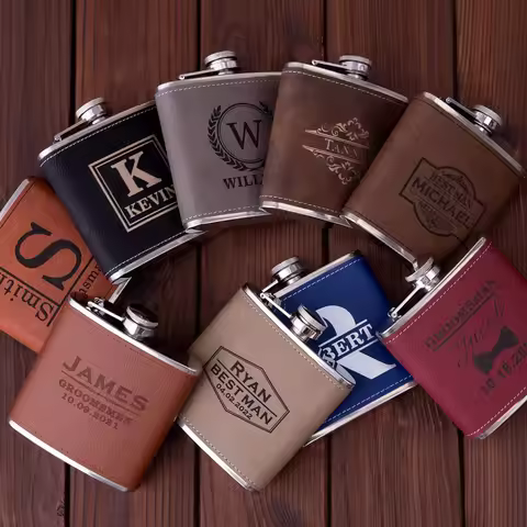 Customized 6oz Portable Hip Flask Brown Black Leather Covered Stainless Steel Flask Personalized Alc