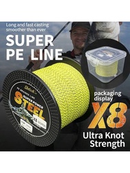 500碼黃點嵌編釣魚線,8股聚乙烯pe釣魚線- 10-80磅試驗,耐磨,適用於淡水和鹽水釣魚
