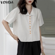 เสื้อสีความเปรียบต่างแบบสบายๆกระดุมผู้หญิง VONDA เสื้อแขนสั้น (ลำลองเกาหลี)