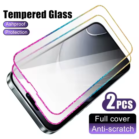 NNBILI 2pcs Diamond Edge Tempered Glass Transparent Screen Protector, Pink Glitter Frame For Apple I