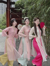 Đủ màu xinh áo dài cách tân xẻ tà tơ thêu 4 tà dễ thương MINISO