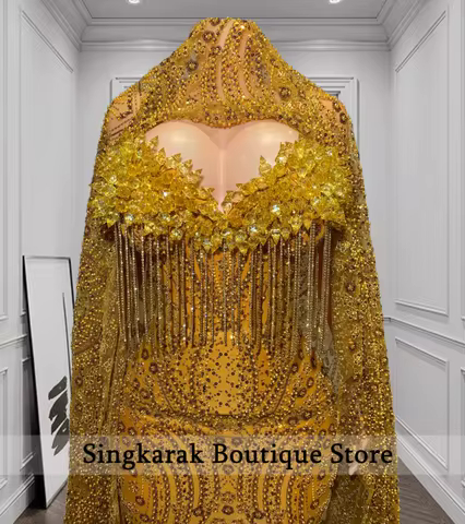 Glamorous Gold Rhinestone Mermaid Prom Gown Cape Veil Wedding Party Gown Diamonds BeadingCustomized