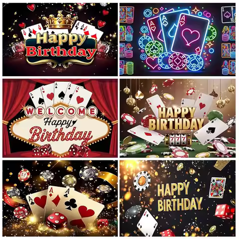 Playing Cards Theme Birthday Party Decorations Casino Background Banner Poker Dice Glitter Backdrop 