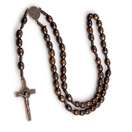 Wood Beads Chain St Benedict Medal Crucifix Cross Rosary Necklace Chaplet