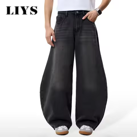 2026 Spring Summer Men's Retro Grey Black Baggy Wide Leg Jeans American Street Baggy Goth Pants Man 