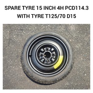 Spare Tyre 15 Inch Inci 4H PCD114.3 ( T125/70 D15 ) Proton Waja Persona Perdana Iriz Old Saga / Taya