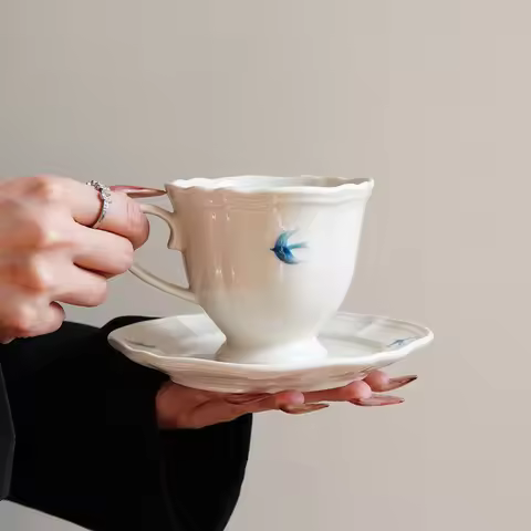 1Pc300Ml Blue Swallow Lace Coffee Cup and Saucer, Simple Embossed Hand-Painted Bird Cup and Saucer, 