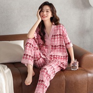 Pakaian Tidur Wanita Houndstooth Set Piyama Lengan Pendek Celana Pendek V-Neck Gaya Korea Tipis - Sl