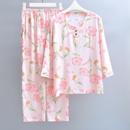 Cotton Silk Womens Pajamas Summer Thin Cotton Silk Loose Going Out Cotton Silk Three-quarter Sleeve 
